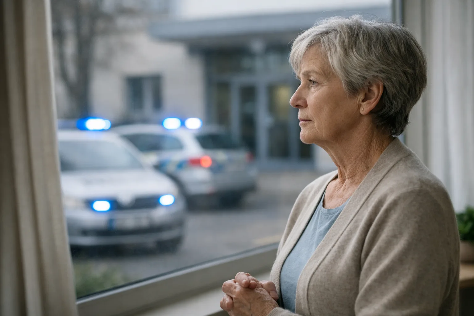 Starší žena sleduje z bezpečí domova přijíždějící policejní vozidla