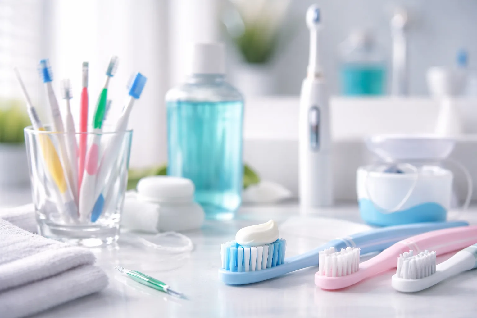 Zubní kartáčky, mezizubní pomůcky a pasta připravené pro domácí ústní hygienu