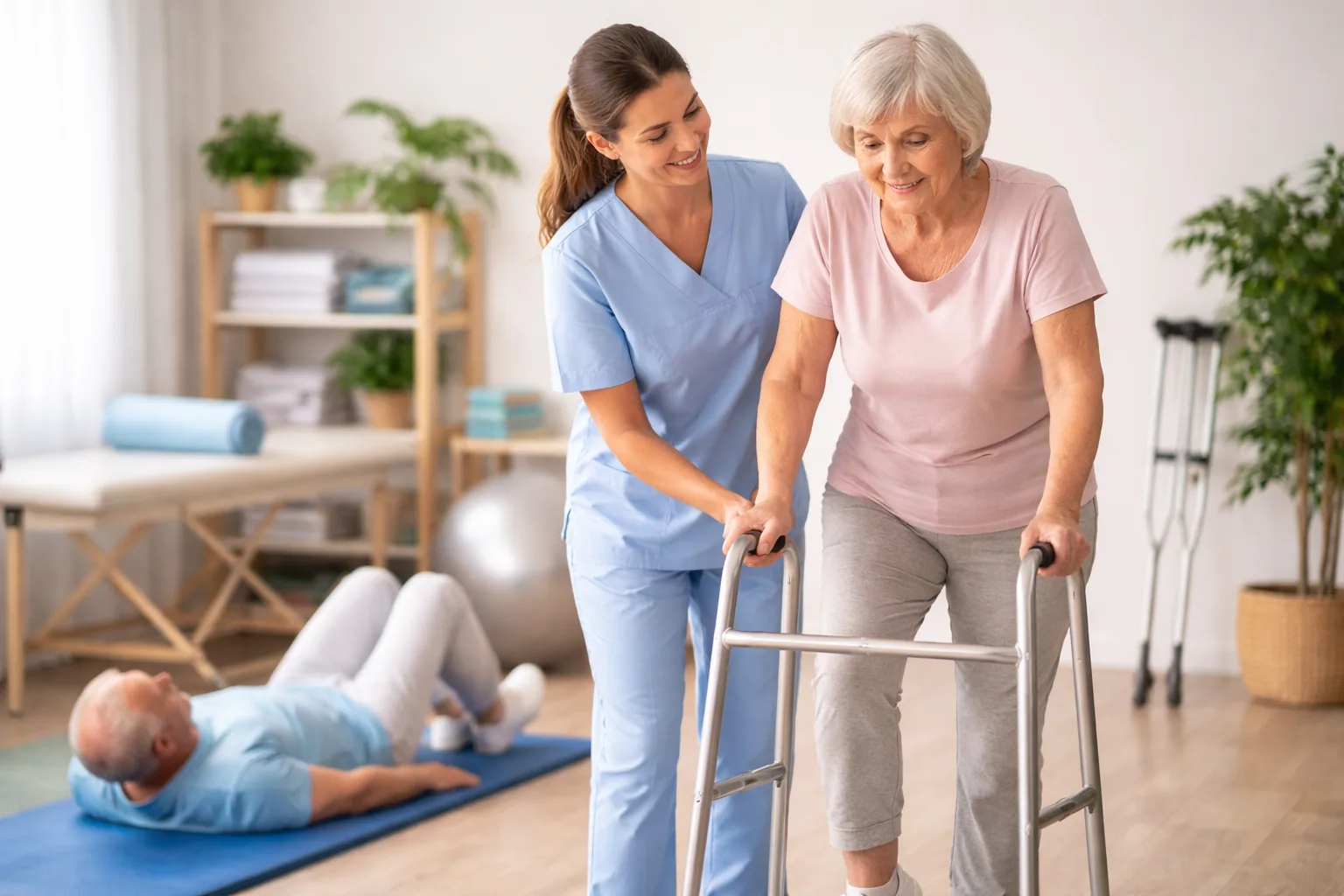 Fyzioterapeutka pomáhá pacientce s chodítkem při rehabilitaci po operaci kyčle