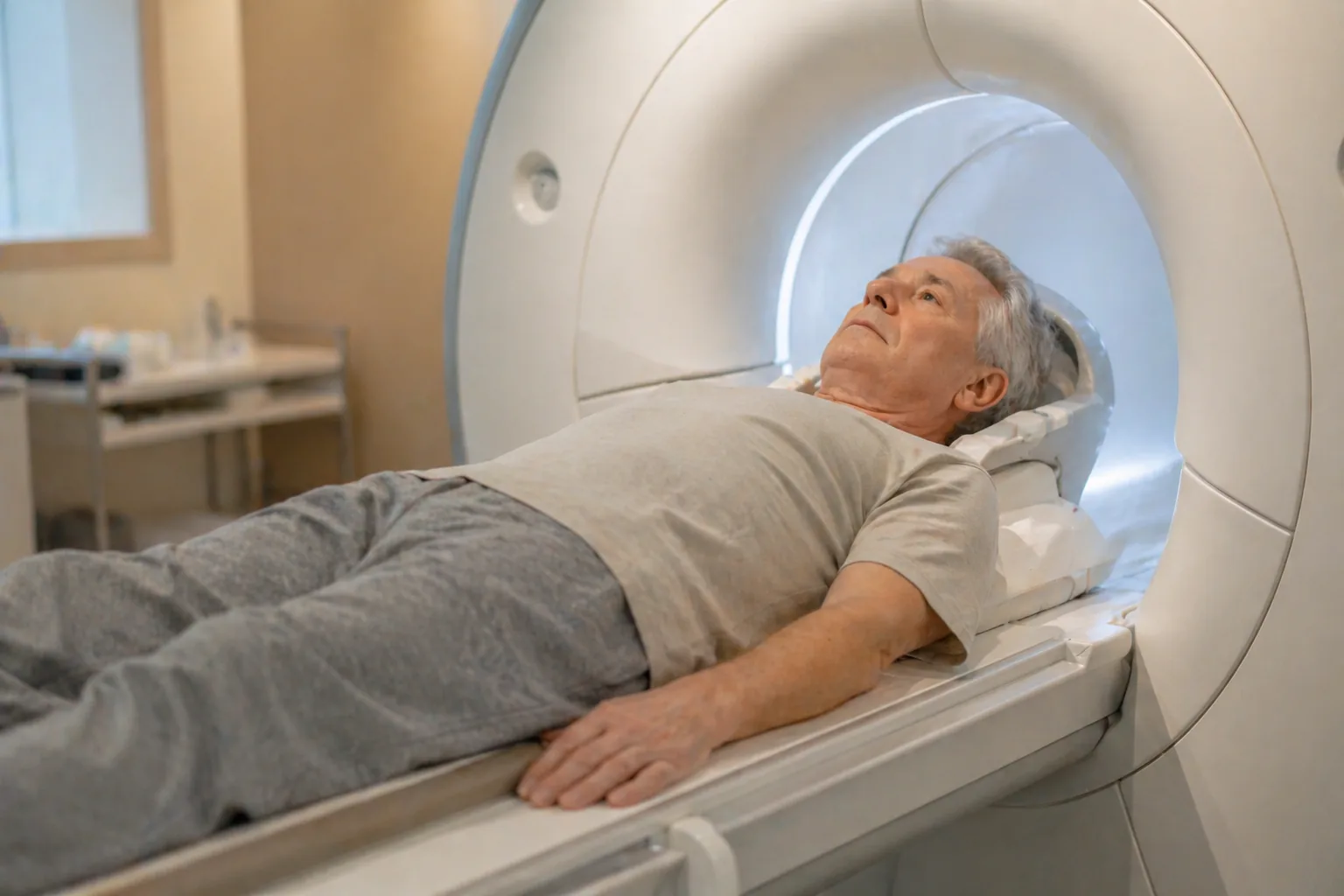 Pacient připravený k vyšetření v přístroji magnetické rezonance
