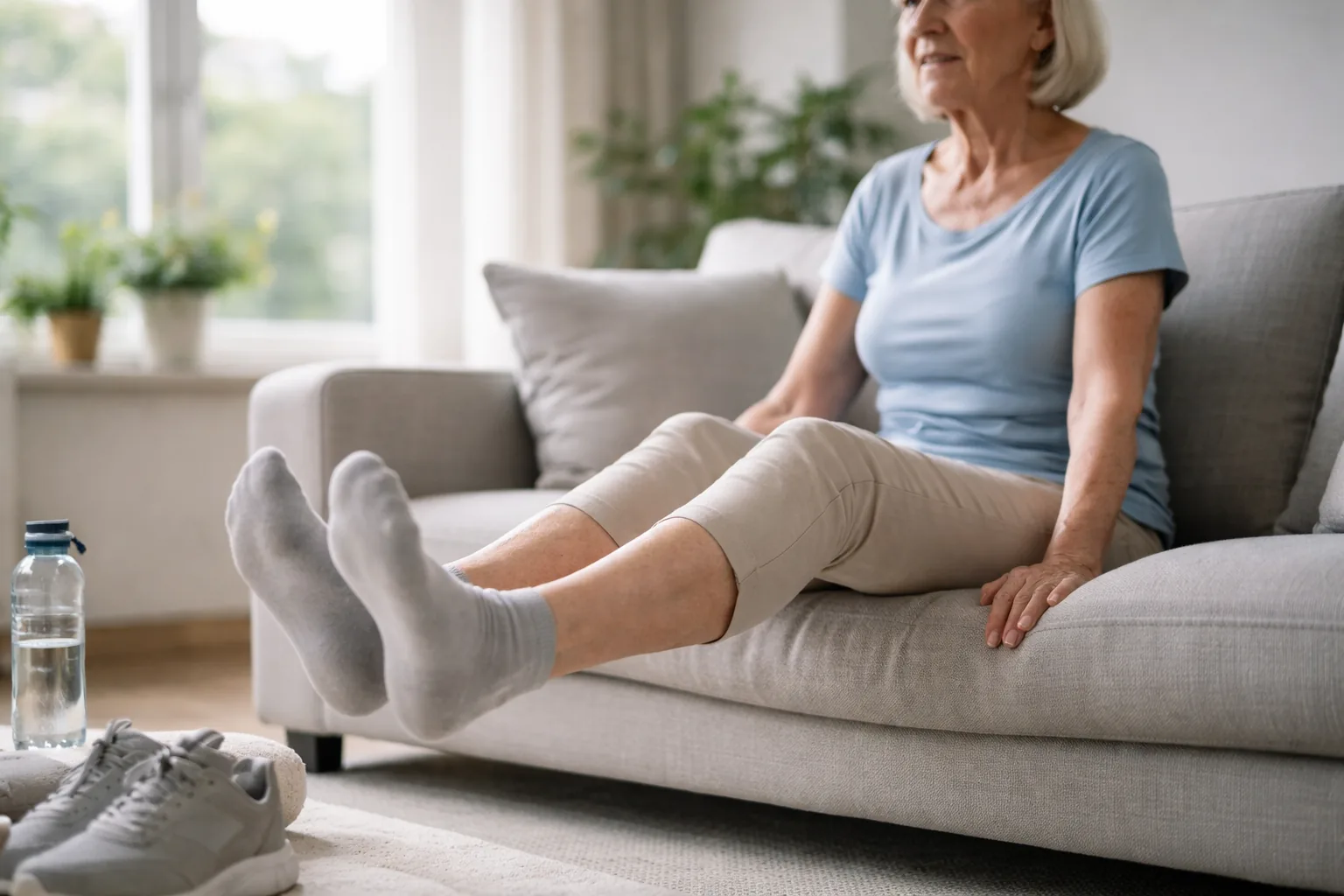 Žena procvičuje chodidla a kotníky při sezení doma