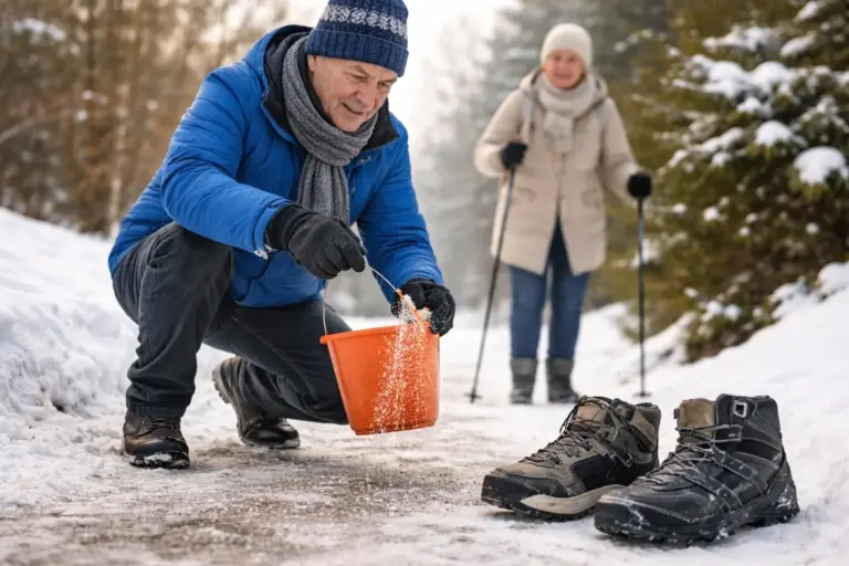 Muž sype posyp na zledovatělou cestu před zimní procházkou