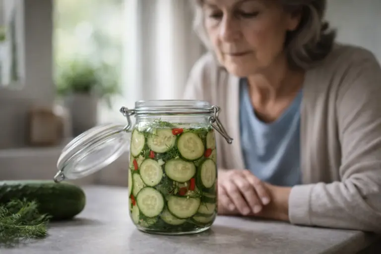 Sklenice rychle nakládaných okurek s koprem a chilli