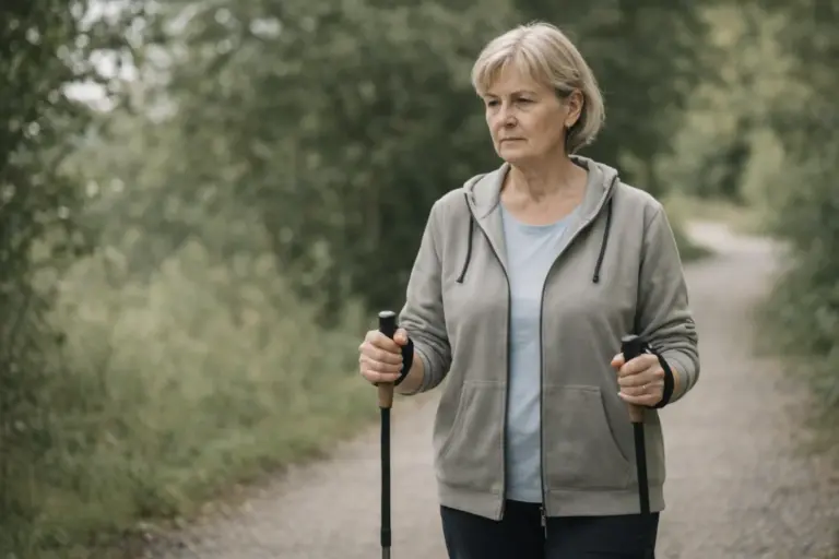 Starší žena jde s holemi na nordic walking po lesní cestě