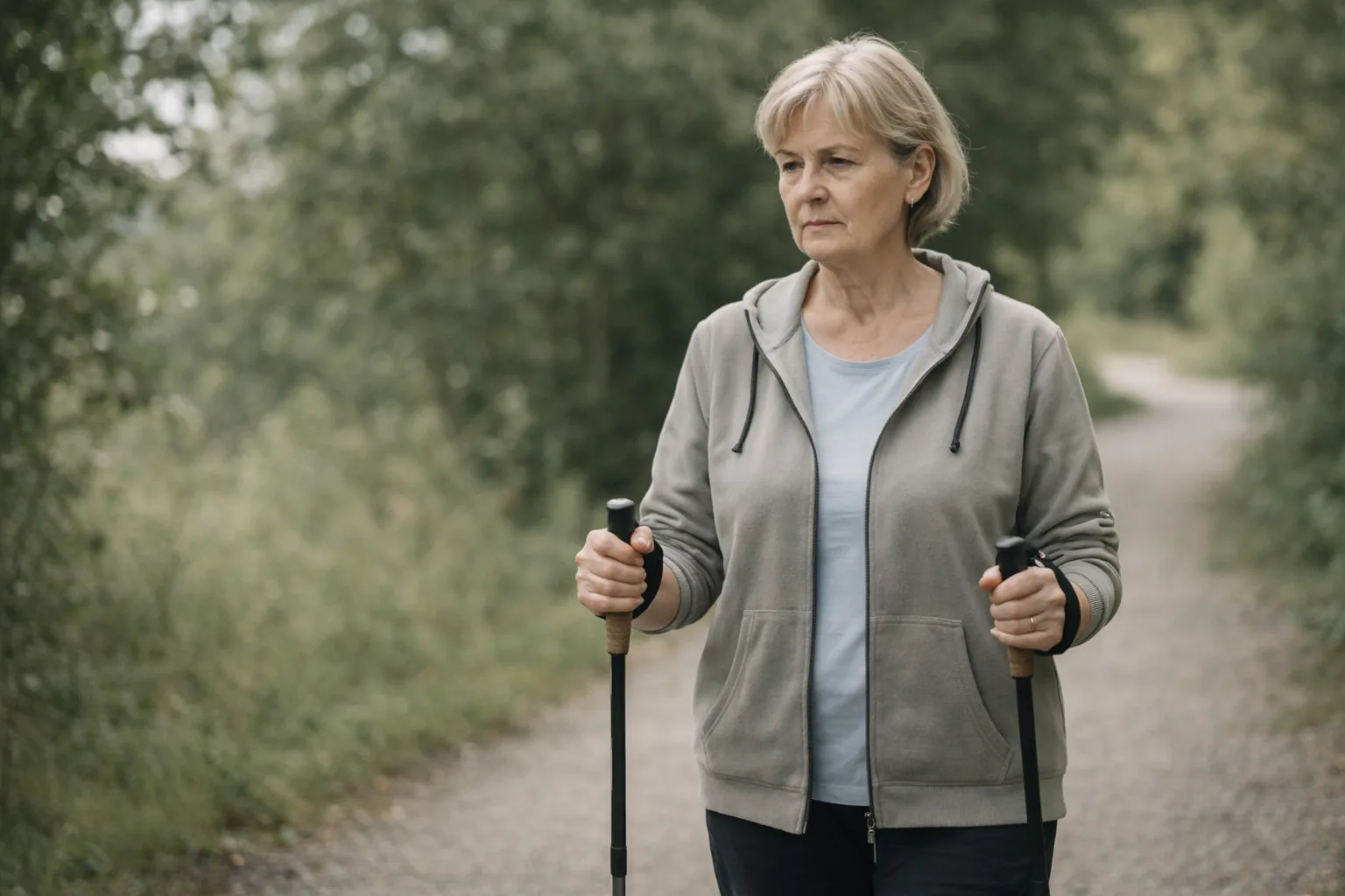 Starší žena jde s holemi na nordic walking po lesní cestě