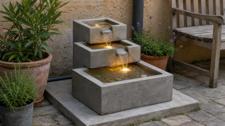 Malá stabilní betonová kaskádová fontána umístěná venku na pevném podkladu