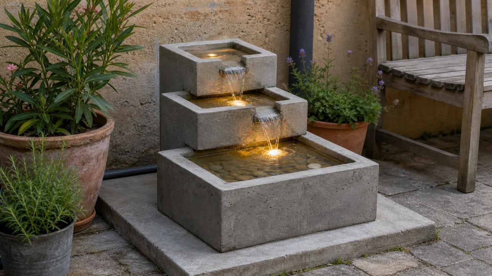 Malá stabilní betonová kaskádová fontána umístěná venku na pevném podkladu