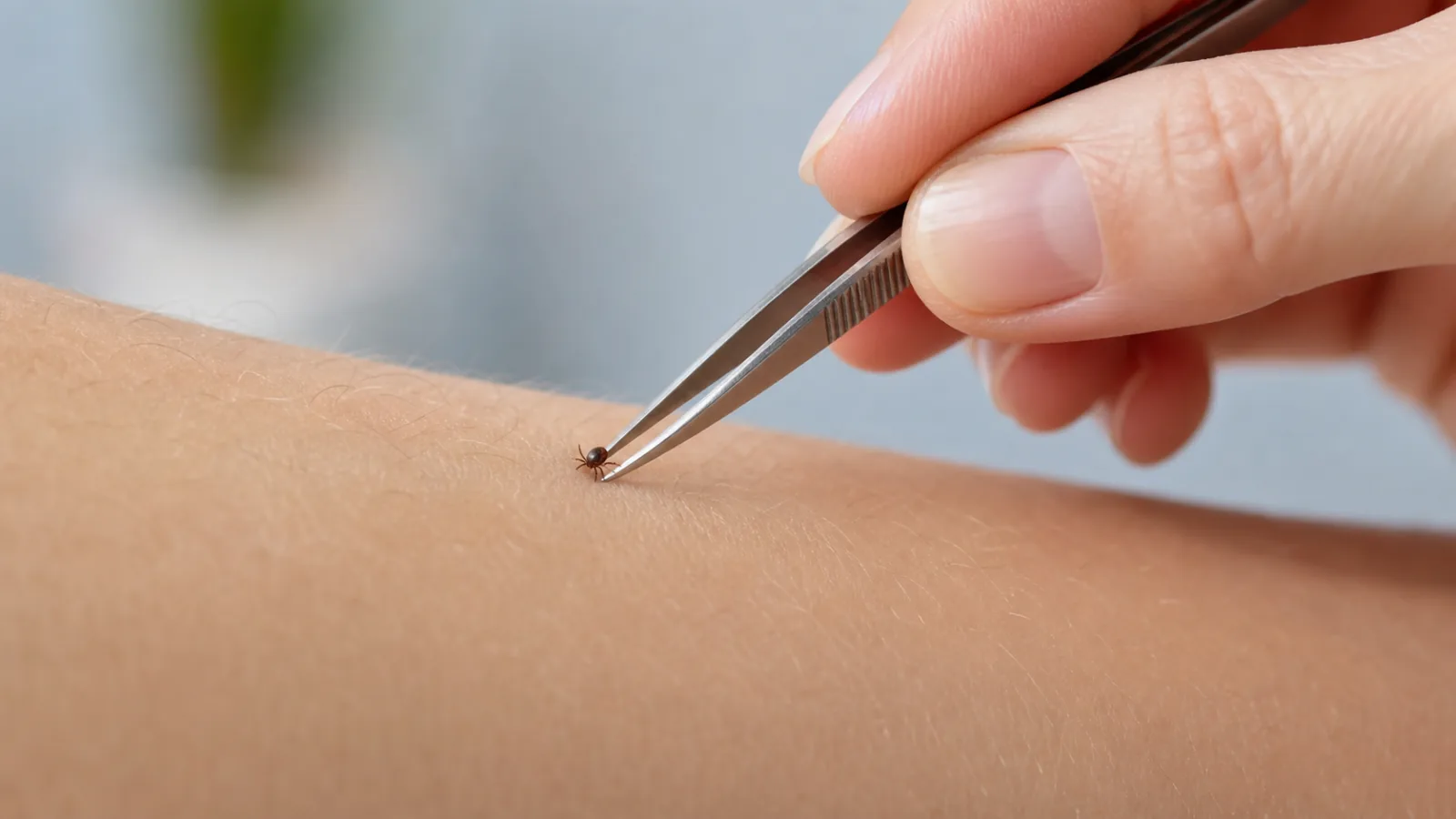 Odstranění přisátého klíštěte jemnou pinzetou těsně u kůže
