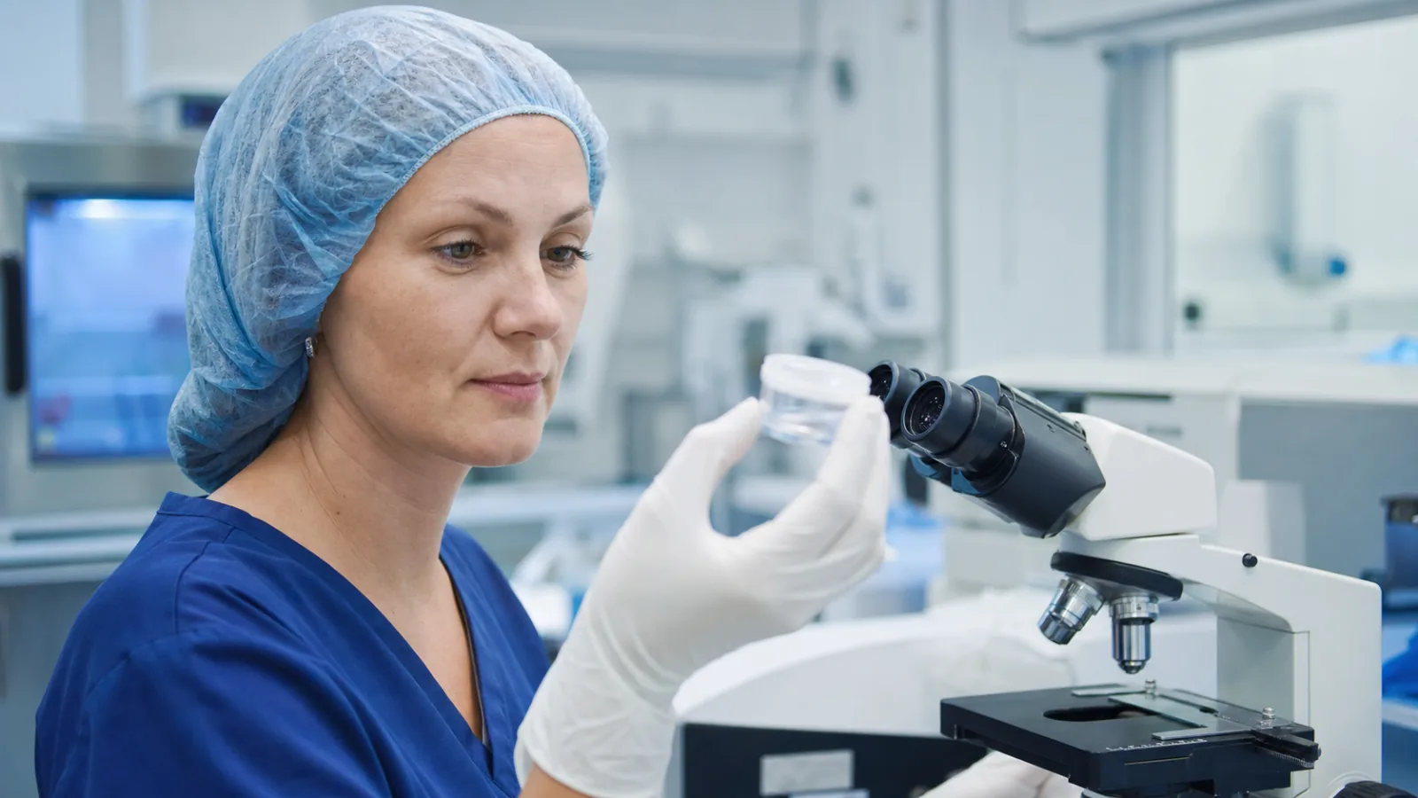 Laborantka kontroluje vzorek v moderní oční tkáňové laboratoři