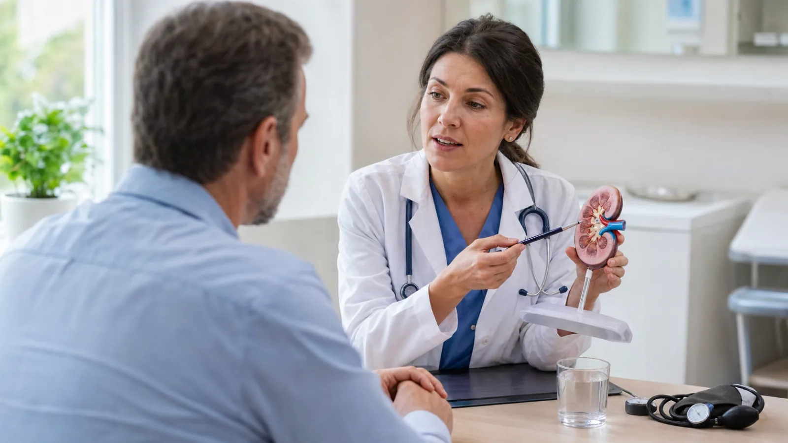 Lékařka vysvětluje pacientovi funkci ledvin na anatomickém modelu