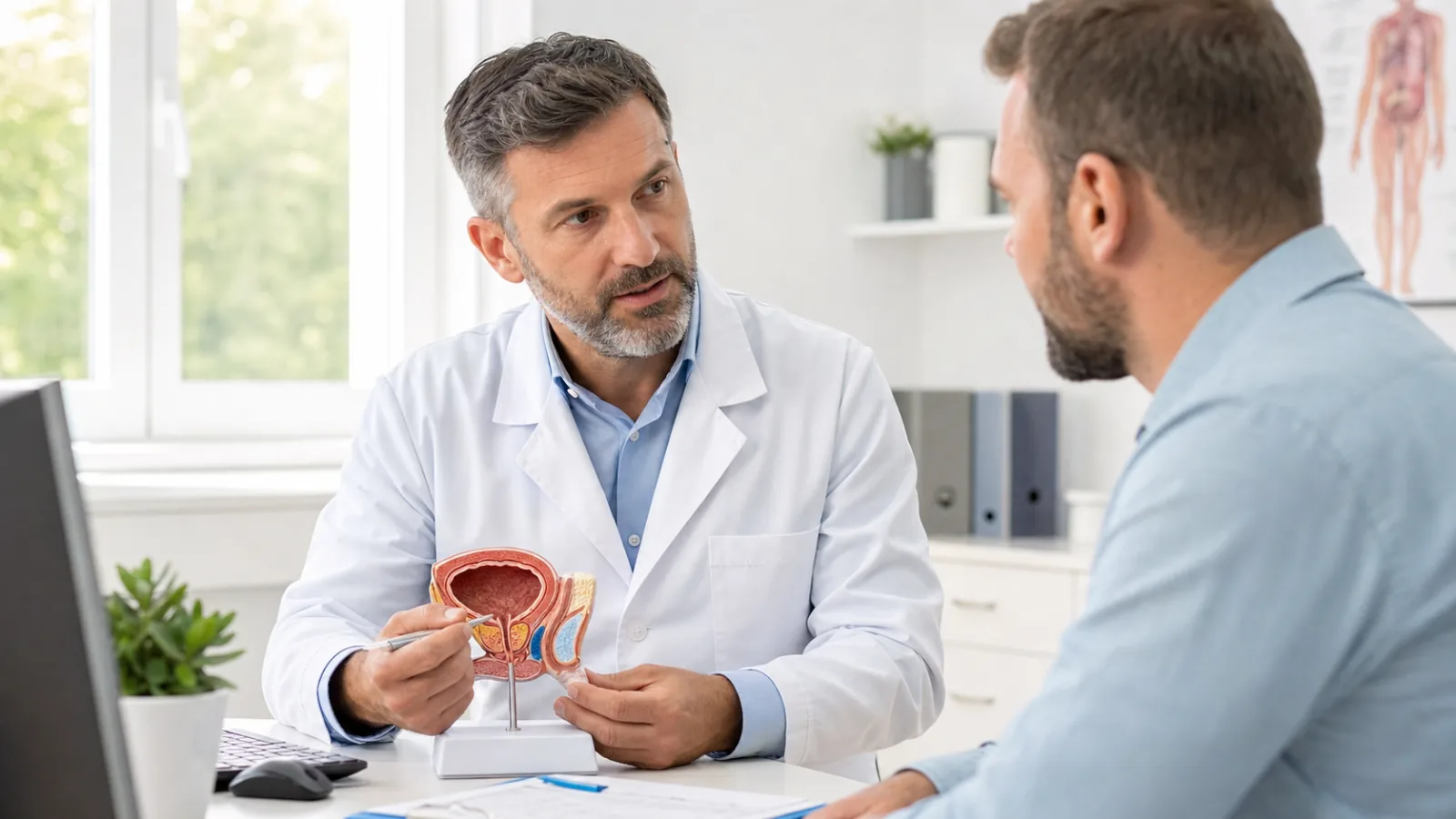 Urolog vysvětluje pacientovi možnosti léčby zvětšené prostaty