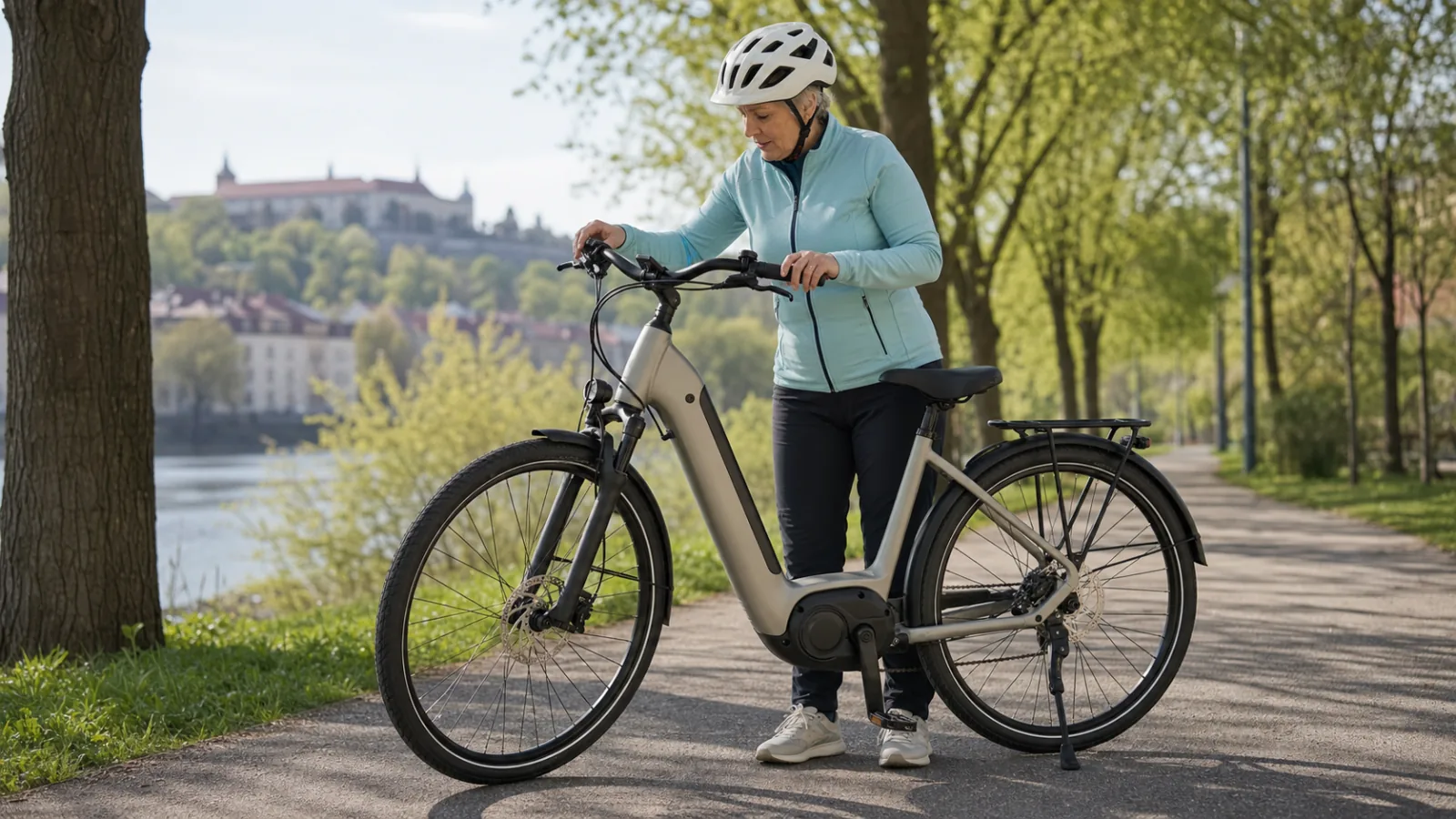 Starší cyklistka kontroluje elektrokolo před jízdou