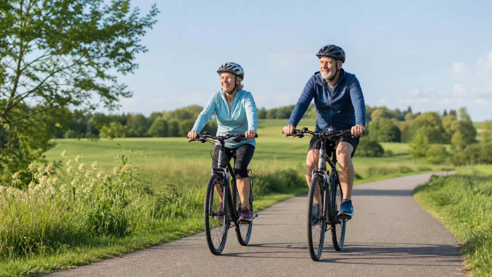 Dvojice dospělých cyklistů s přilbami na klidné cyklostezce
