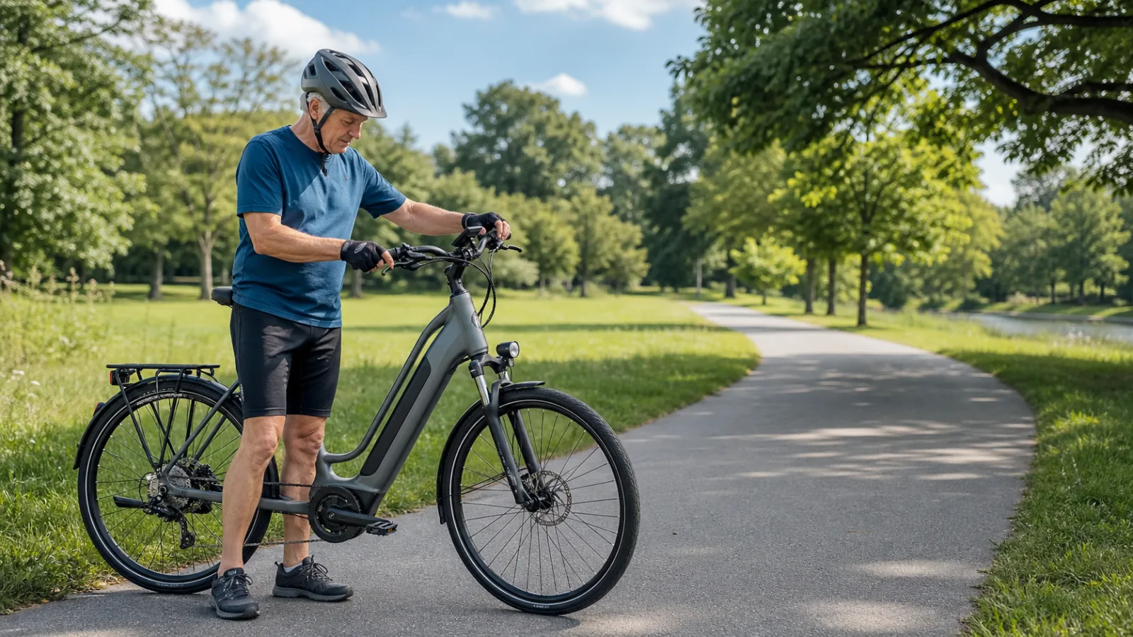 Cyklista v přilbě kontroluje ovládání elektrokola před jízdou