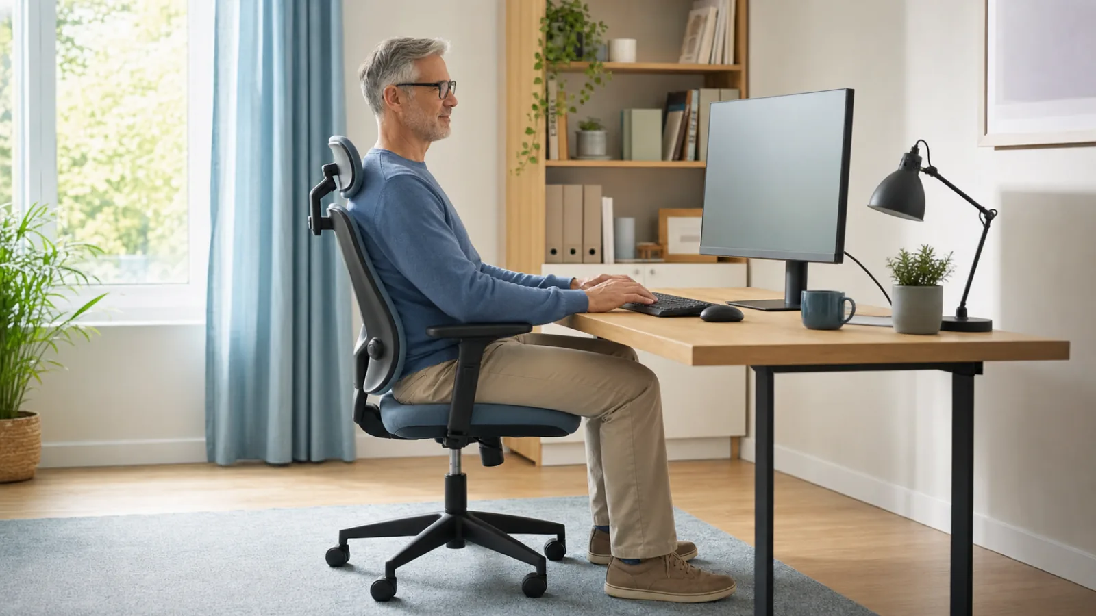 Muž pracuje u počítače v ergonomicky nastaveném pracovním koutě