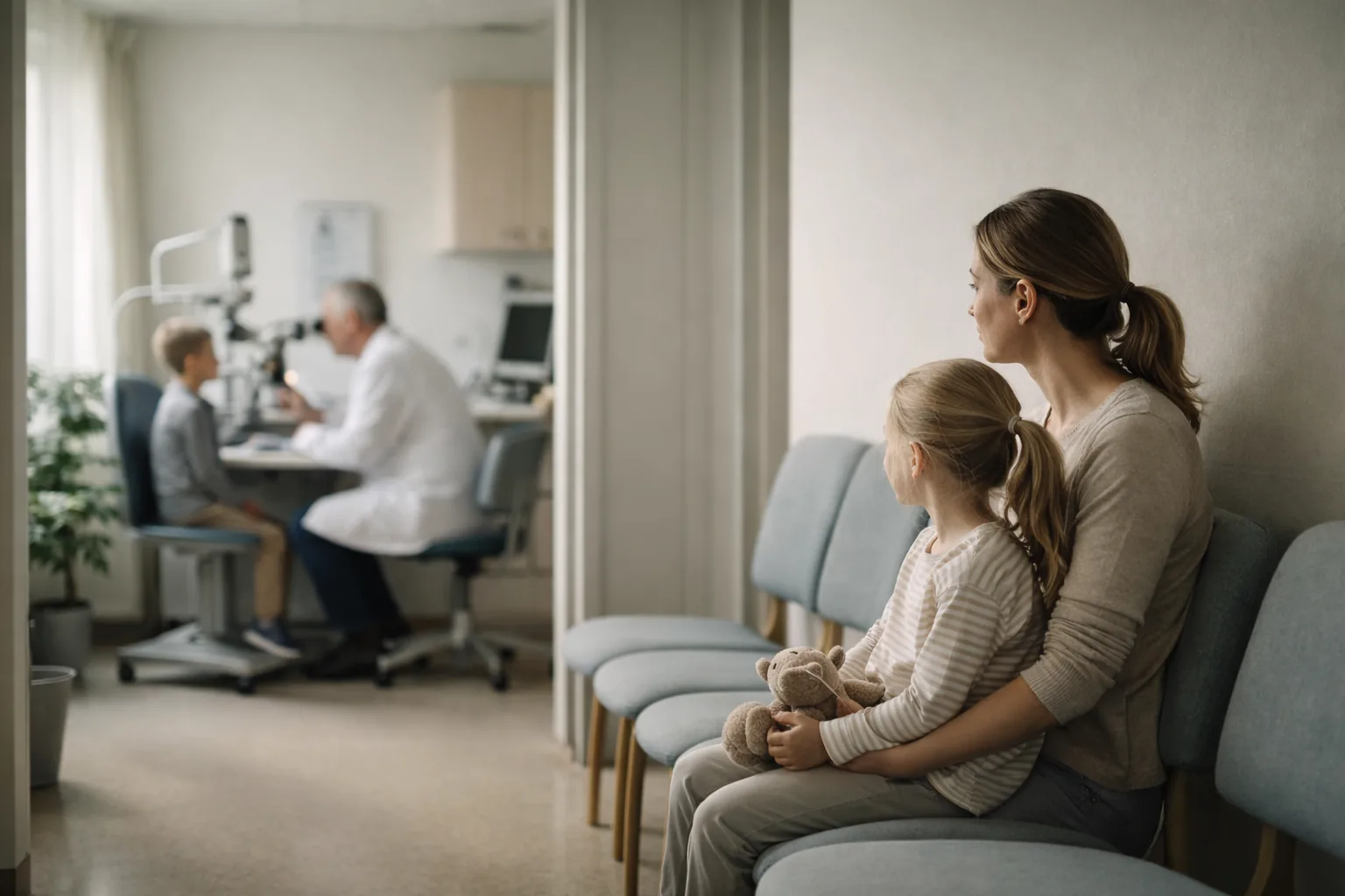 Matka s dítětem čekají v klidné oční ambulanci na vyšetření