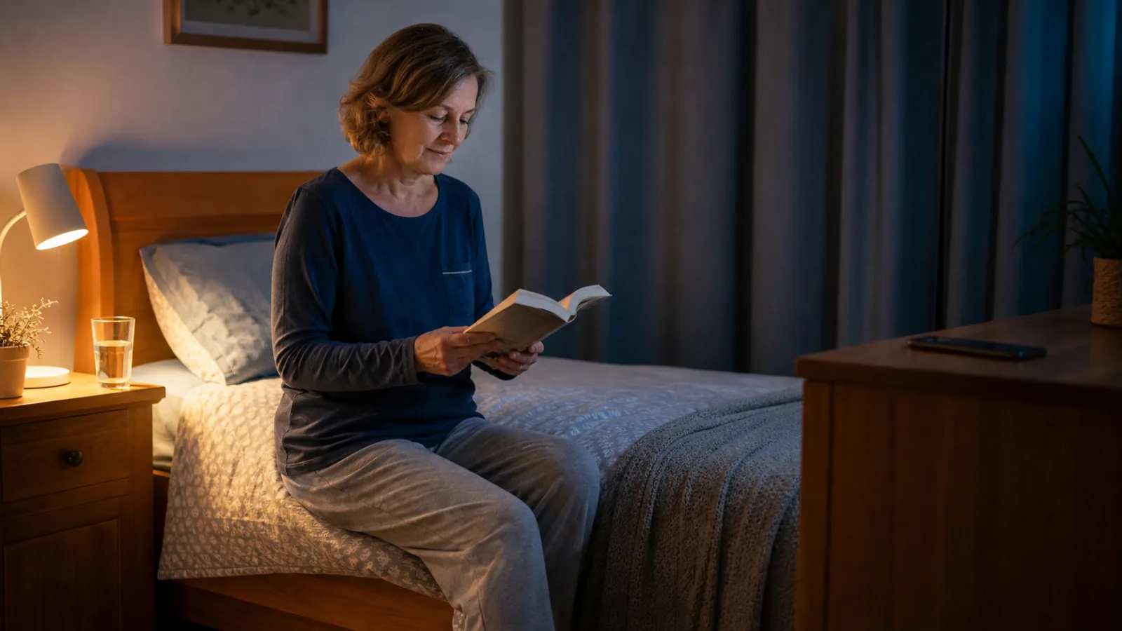 Žena si před spaním čte knihu v klidné ložnici