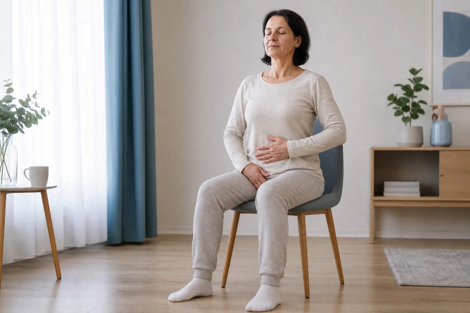 Žena vsedě klidně dýchá při jemném cvičení pánevního dna