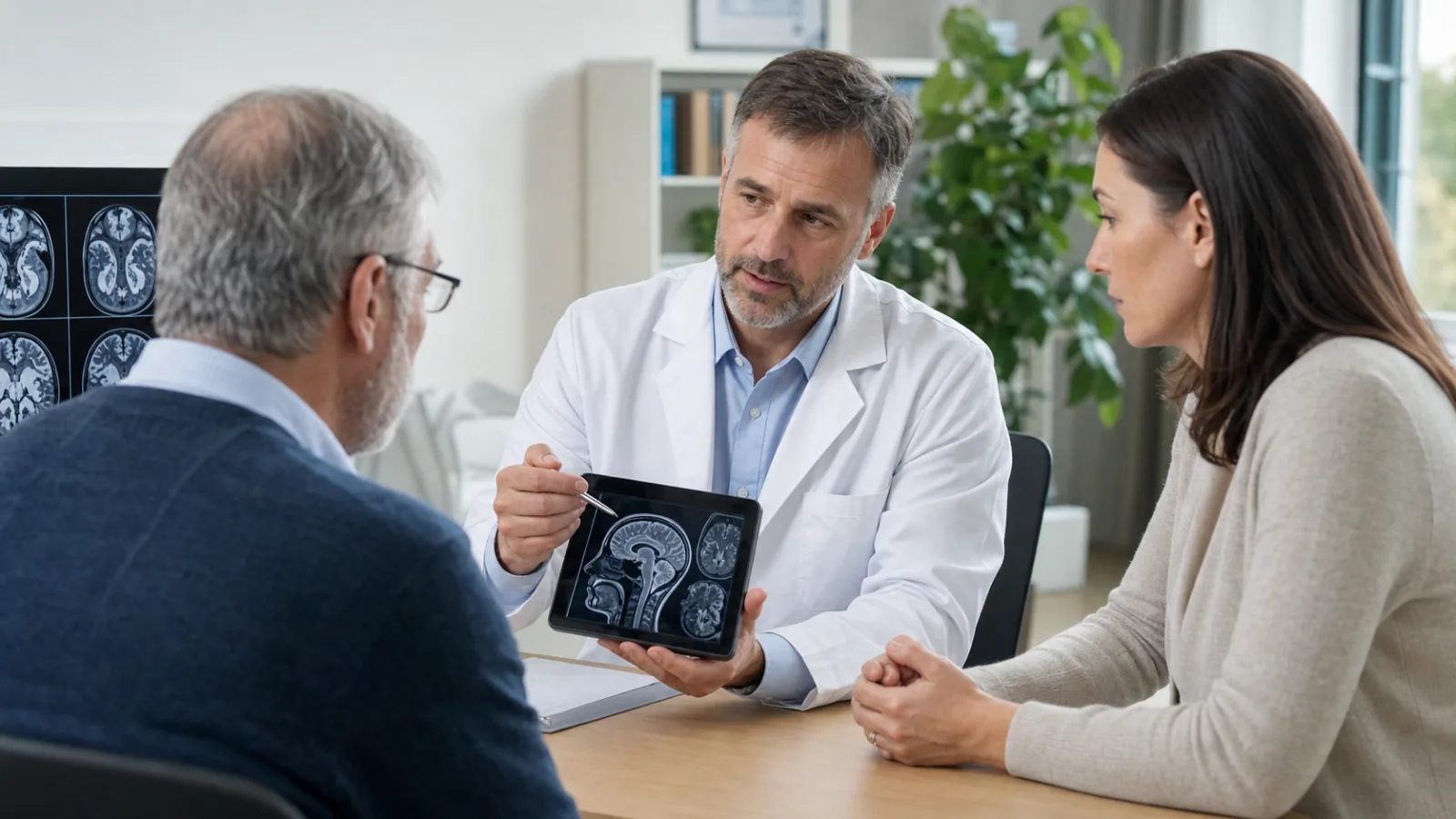 Neurolog vysvětluje vyšetření mozku pacientovi a jeho blízké