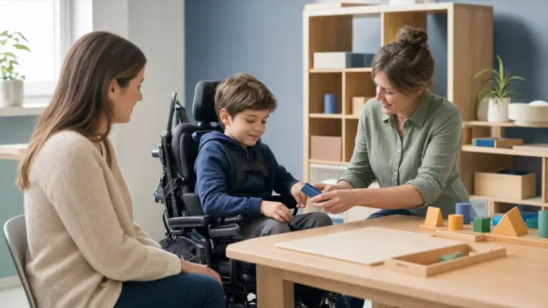 Dítě na vozíku pracuje s pedagožkou za přítomnosti rodiče