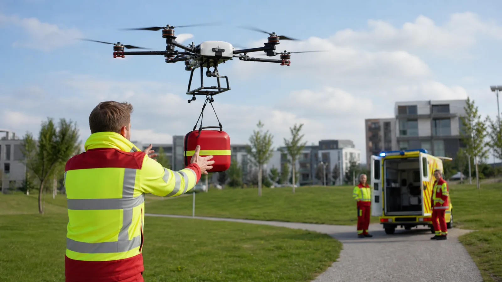 Záchranář přebírá defibrilátor dopravený dronem