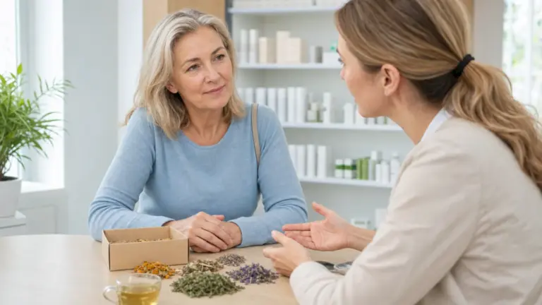 Žena konzultuje bylinné přípravky na menopauzu s lékárnicí