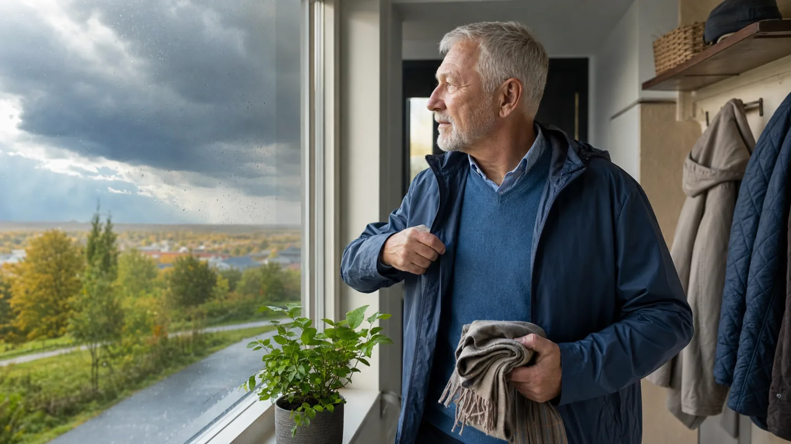 Muž se obléká podle proměnlivého deštivého počasí