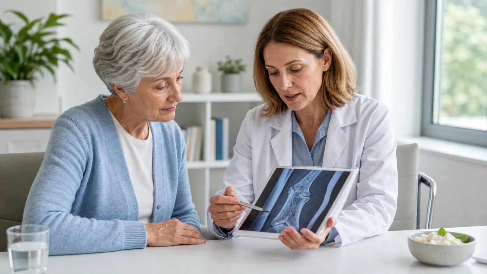 Žena při konzultaci s lékařkou o zdraví kostí po menopauze