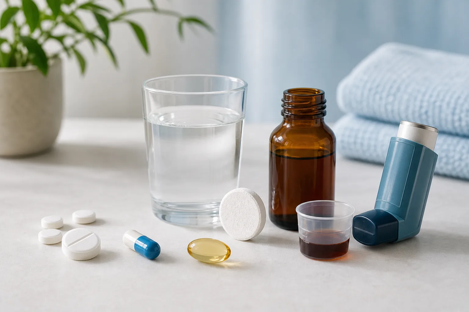 Různé lékové formy včetně tablet, kapsle, roztoku a inhalátoru