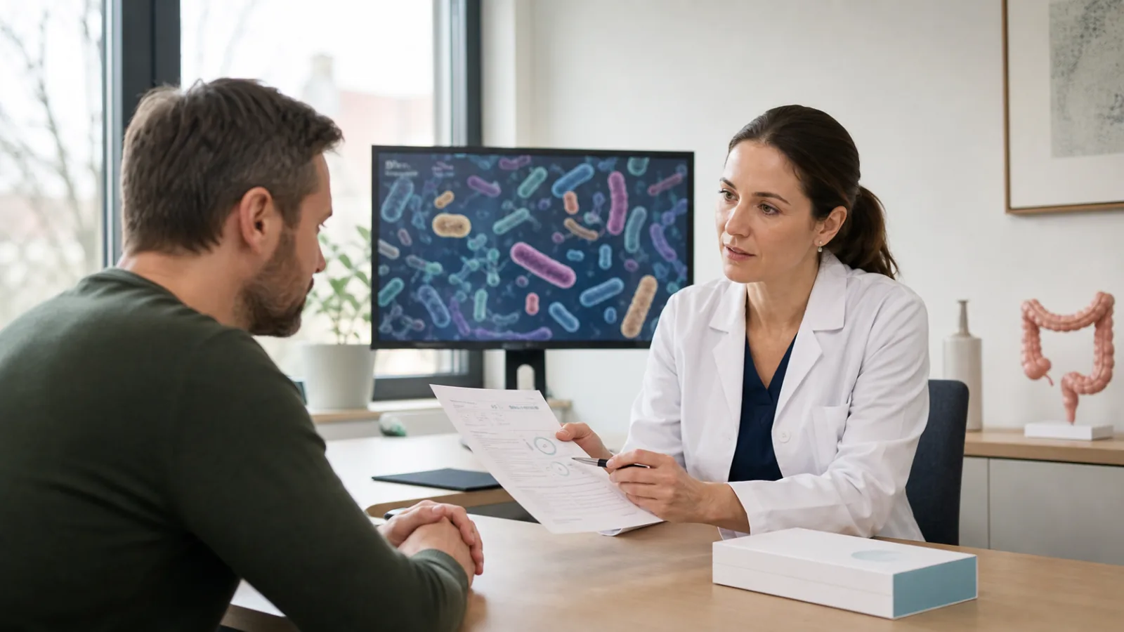 Lékařka vysvětluje pacientovi výsledek testu střevního mikrobiomu
