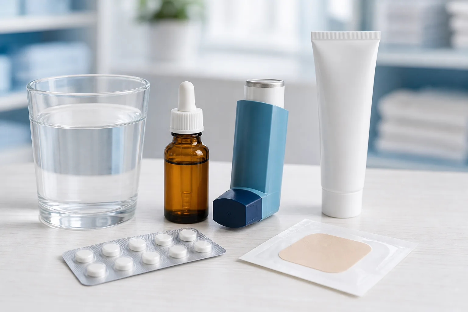 Různé lékové formy včetně tablet, kapek, inhalátoru, krému a náplasti