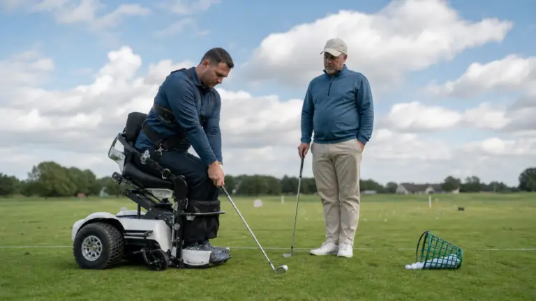 Golfista používající specializované zařízení pro hru vsedě