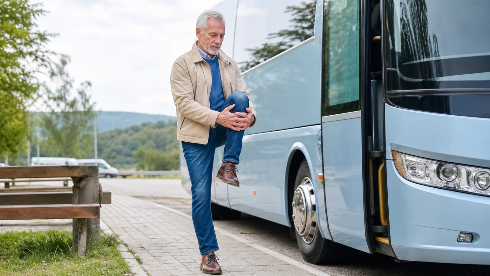 Cestující během přestávky protahuje nohy vedle autobusu