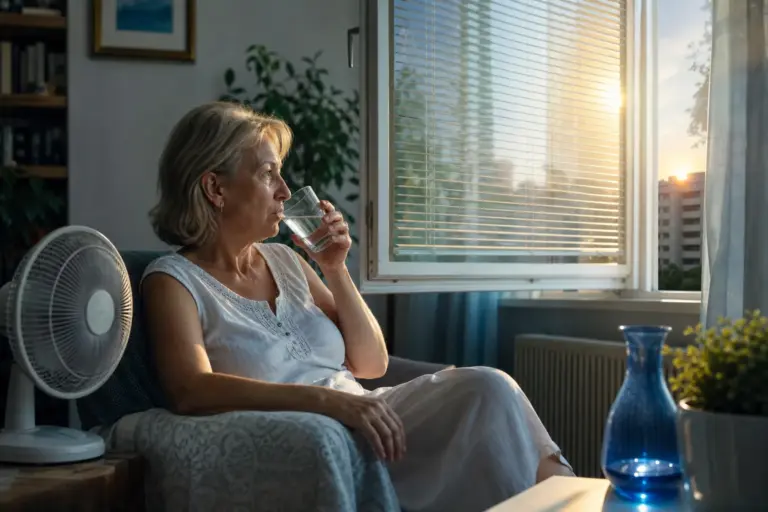 Žena se během horkého dne ochlazuje doma a pije vodu