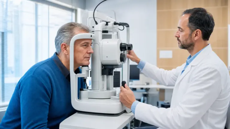 Oční lékař vyšetřuje pacienta na přístroji v moderní ordinaci