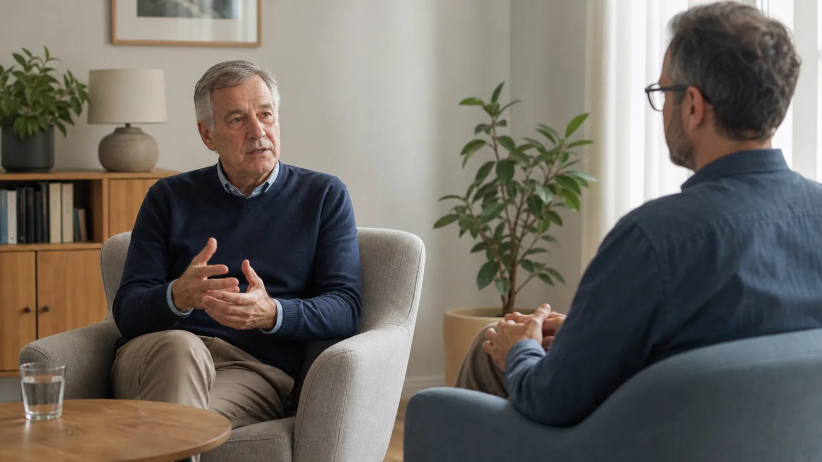 Muž při psychoterapeutickém rozhovoru s odborníkem
