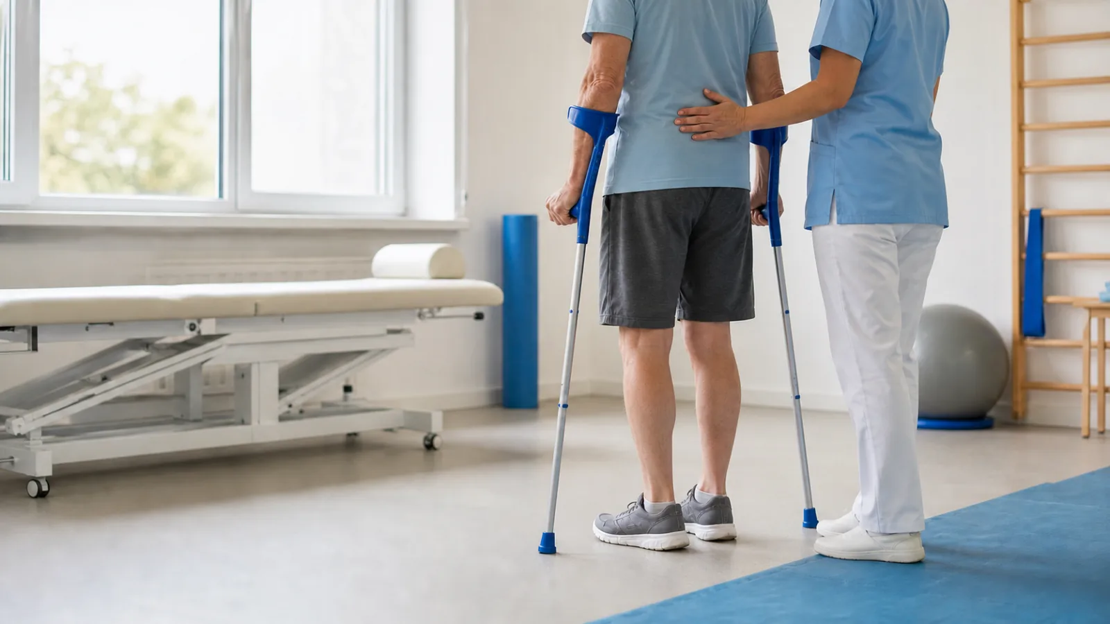 Nácvik chůze s francouzskými holemi pod dohledem fyzioterapeuta