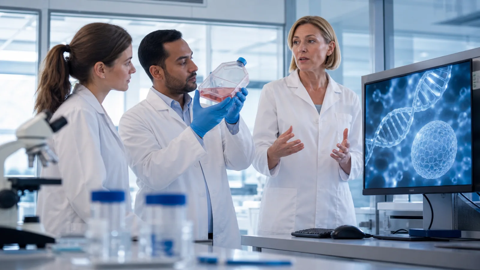 Odborný tým kontroluje přípravu buněčné a genové léčby v laboratoři