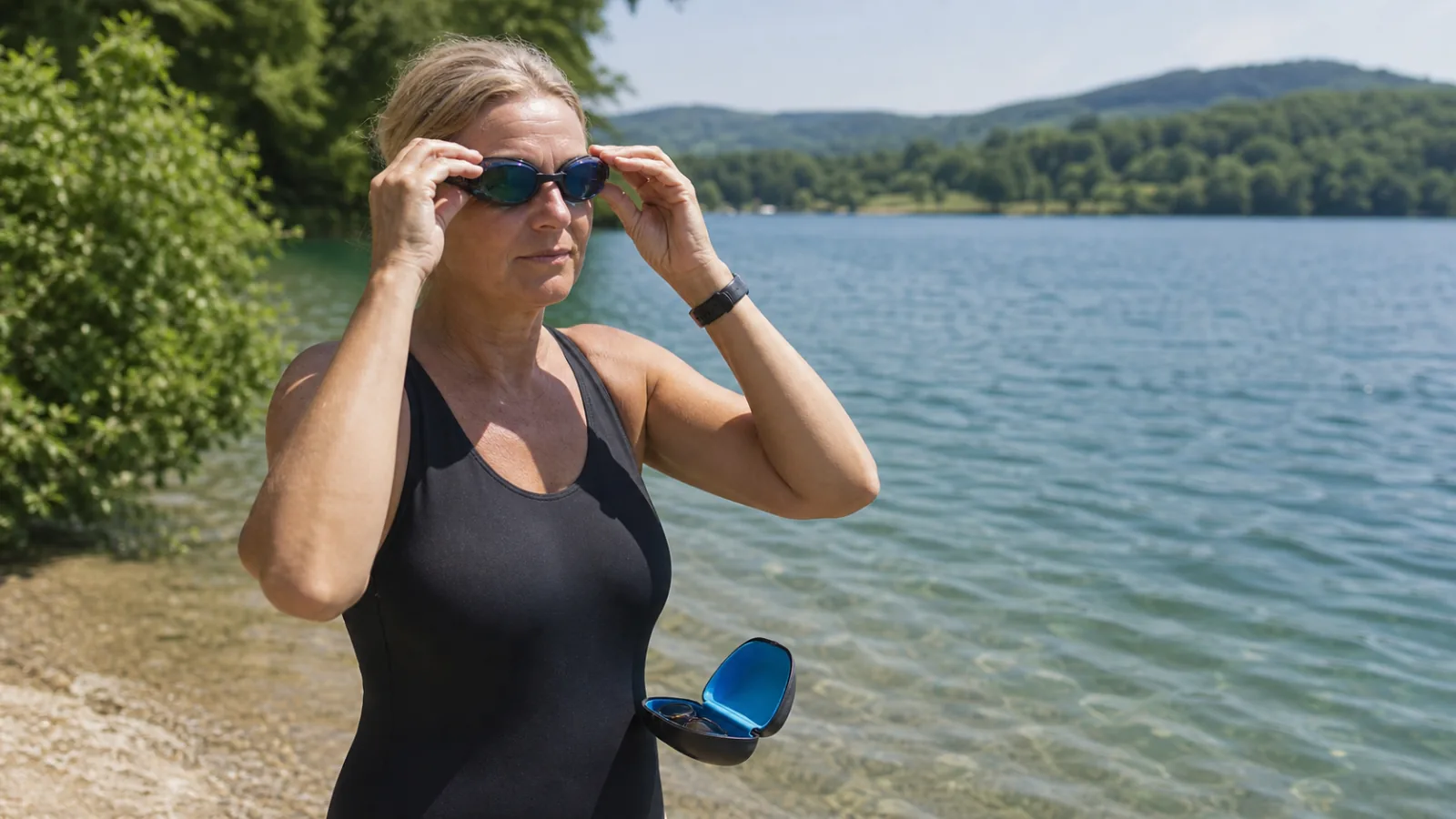 Žena si před plaváním u přírodního koupaliště nasazuje plavecké brýle