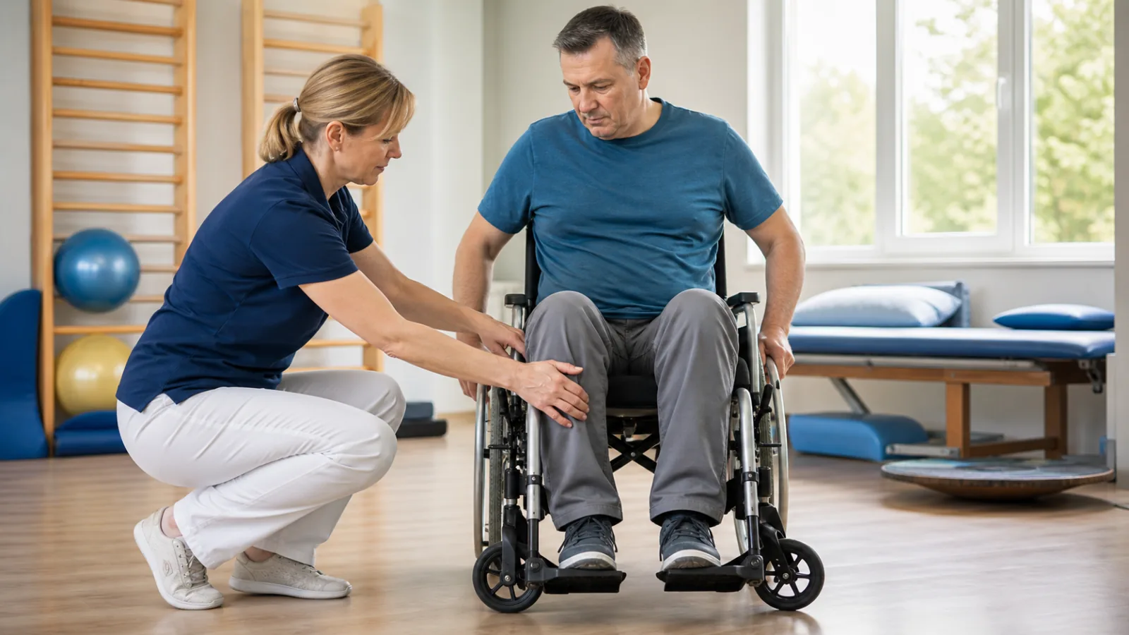 Uživatel zkouší správné nastavení vozíku s rehabilitační pracovnicí