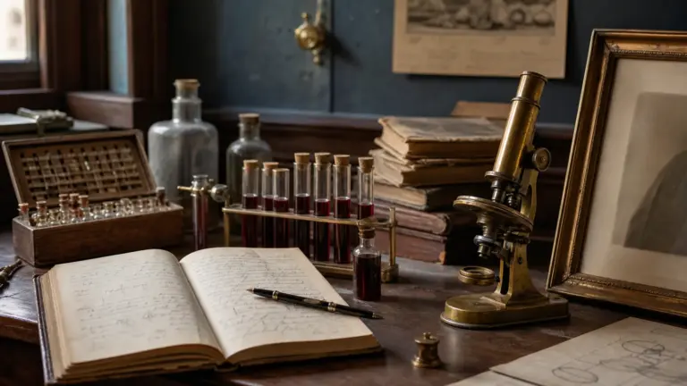 Historický laboratorní stůl s mikroskopem, zápisníkem a zkumavkami připomíná výzkum krevních skupin