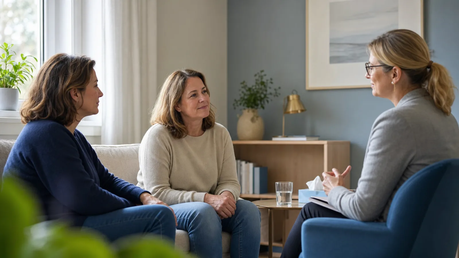 Žena s blízkou osobou při klidné konzultaci s psychiatričkou