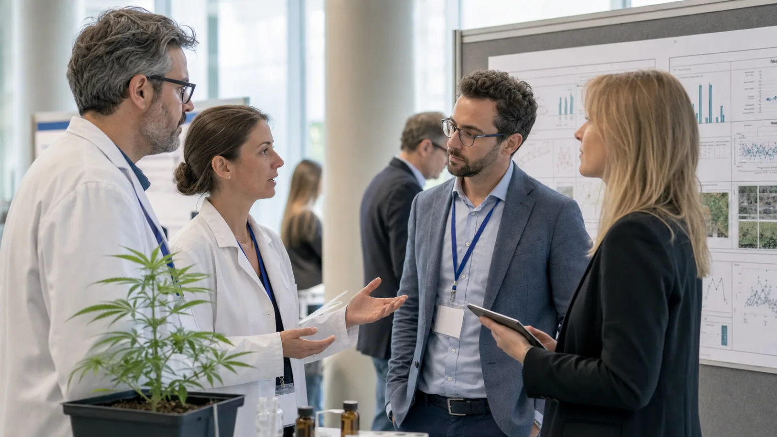 Odborníci diskutují u vědeckého posteru na konferenci o léčebném konopí