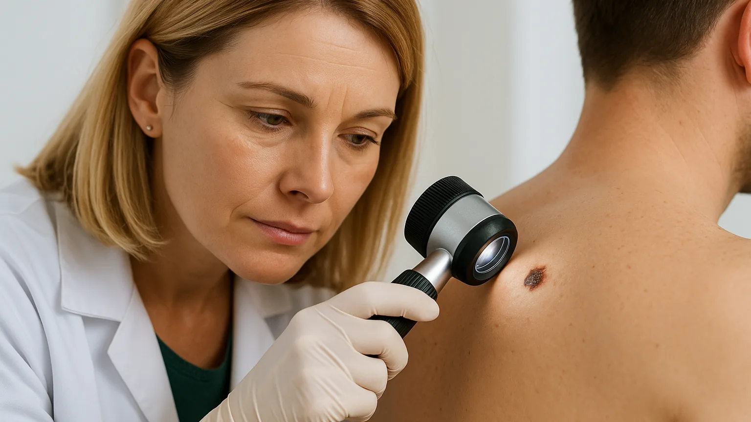 Dermatoložka vyšetřuje pigmentové znaménko dermatoskopem