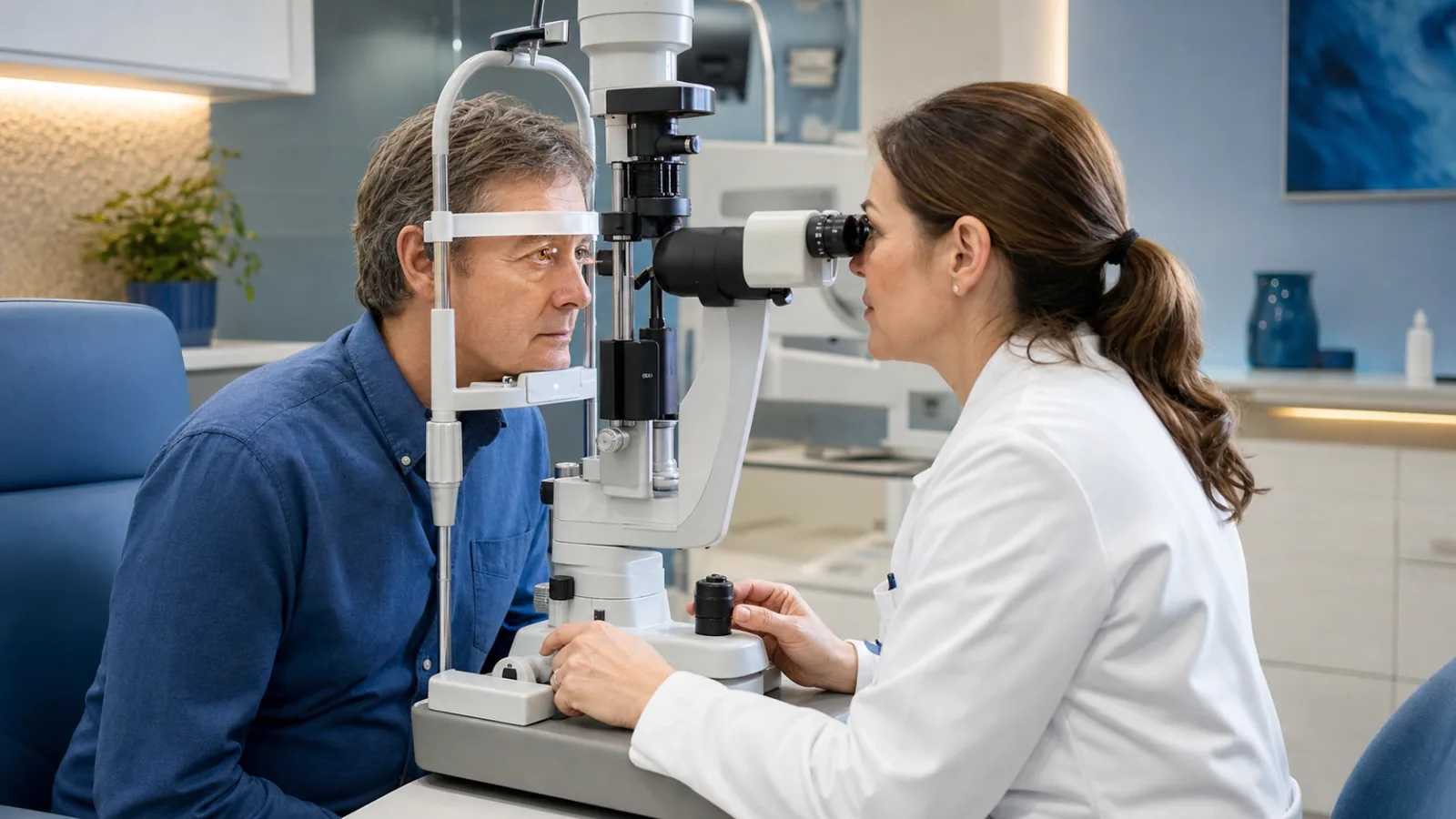 Oční lékařka vyšetřuje pacienta před rozhodnutím o laserové operaci