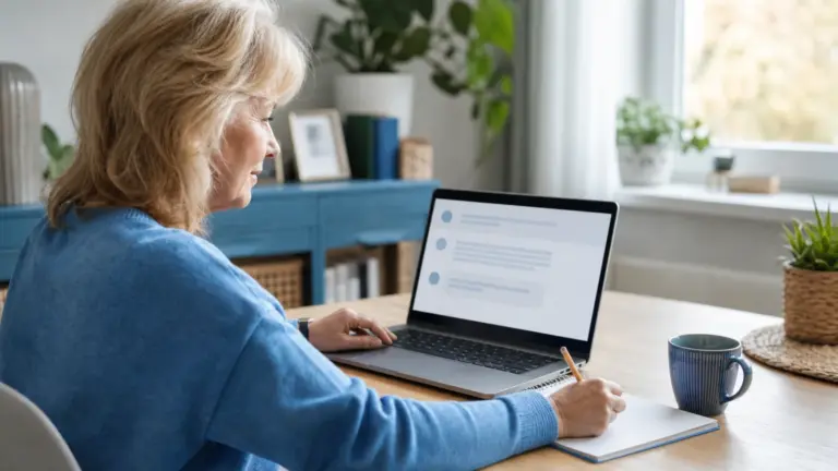Žena používá notebook k přípravě výletu a nákupního seznamu