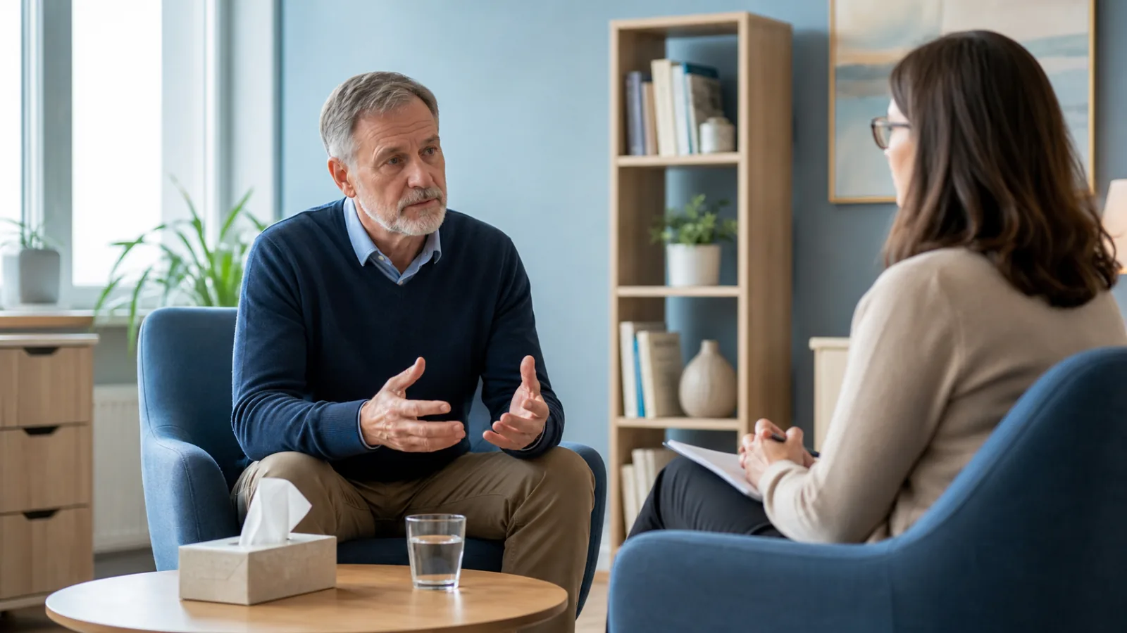 Muž otevřeně hovoří s psycholožkou v klidné terapeutické ordinaci