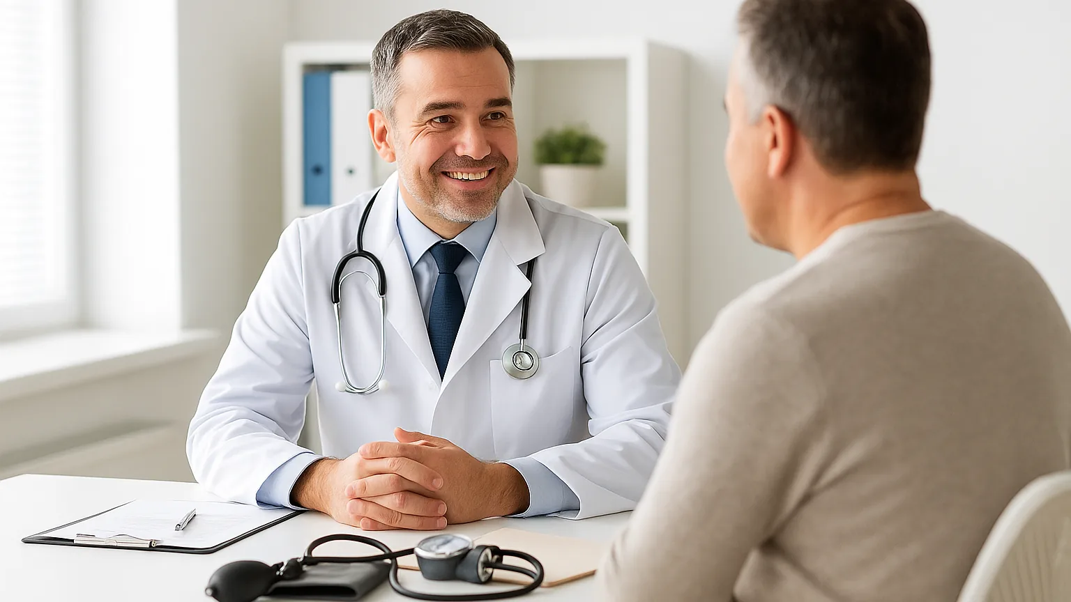 Praktický lékař při rozhovoru s pacientem během preventivní prohlídky