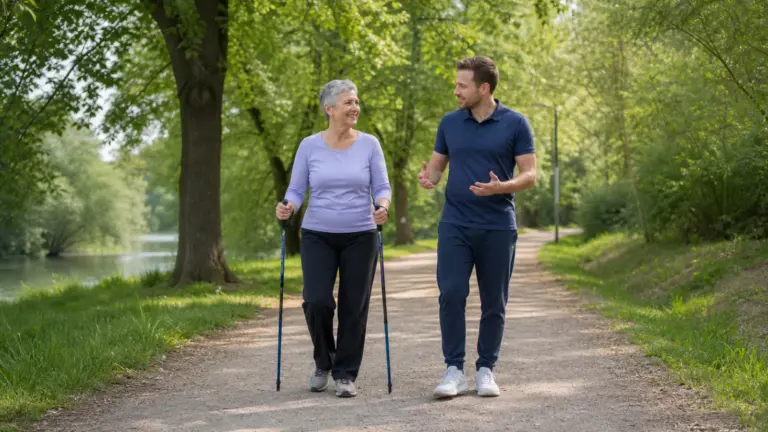 Žena s trekovými holemi se vrací k chůzi pod dohledem fyzioterapeuta