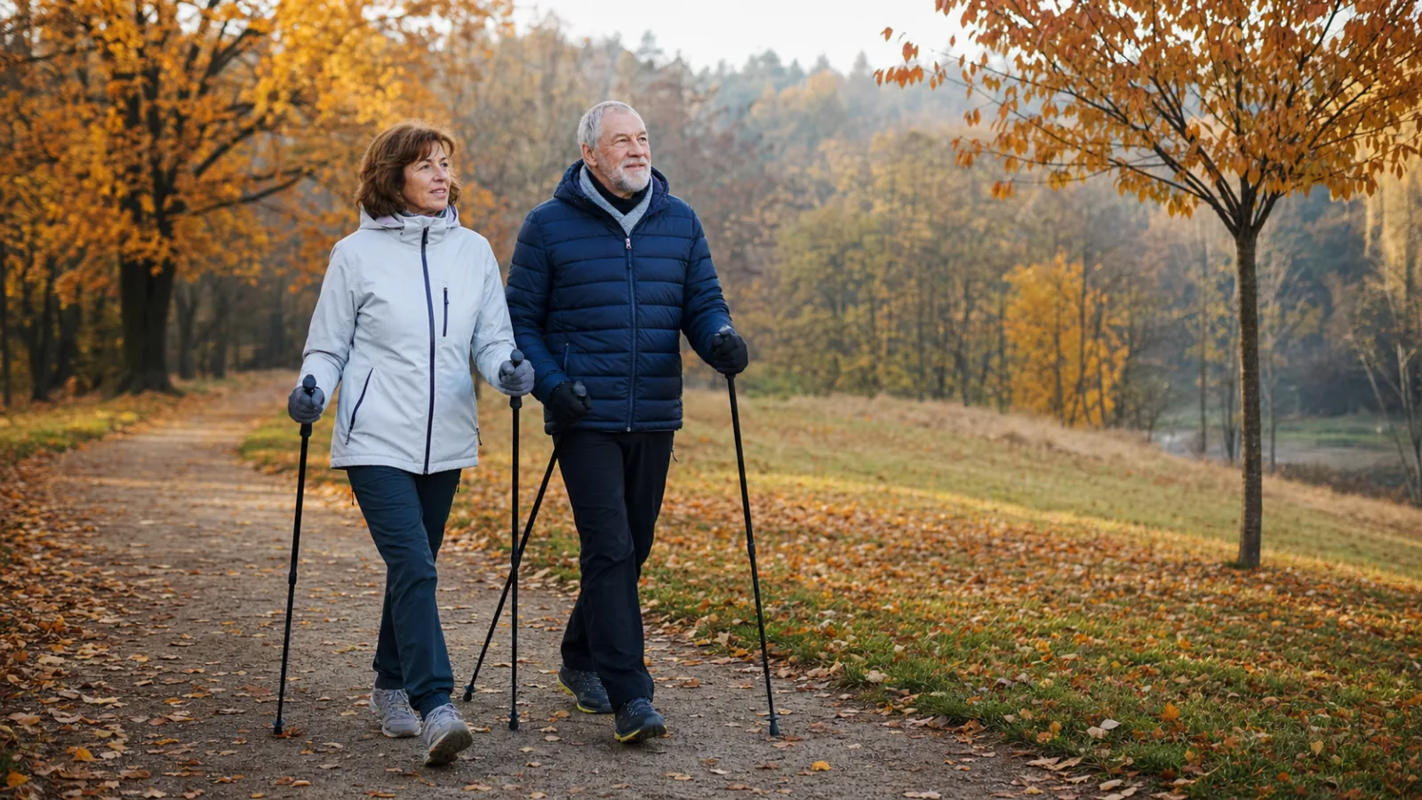 Dvojice se věnuje nordic walkingu v podzimním parku